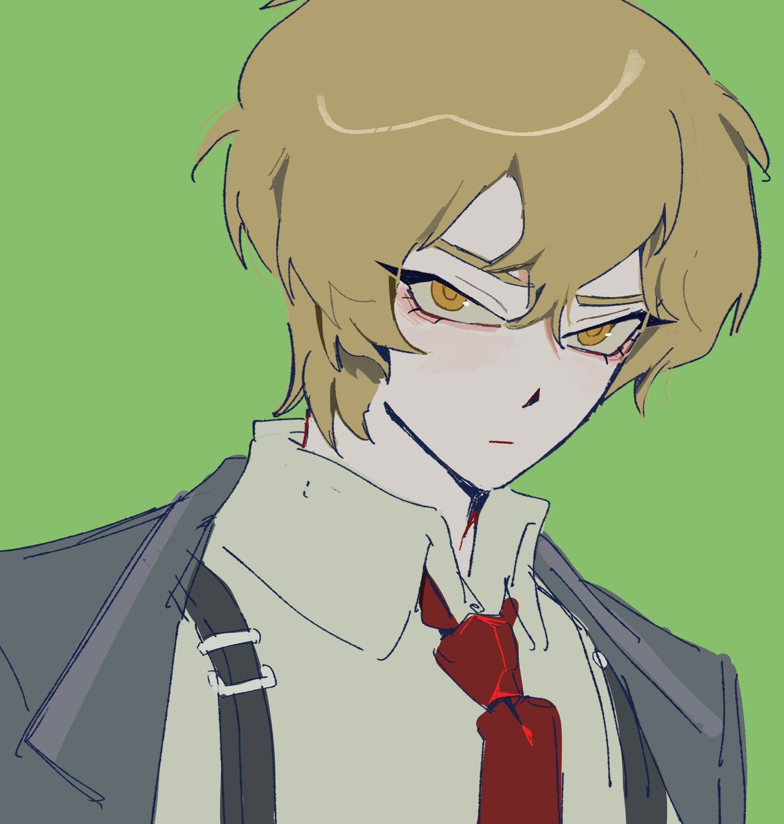 1boy, black_coat, blonde_hair, closed_mouth, coat, collared_shirt, expressionless, green_background
