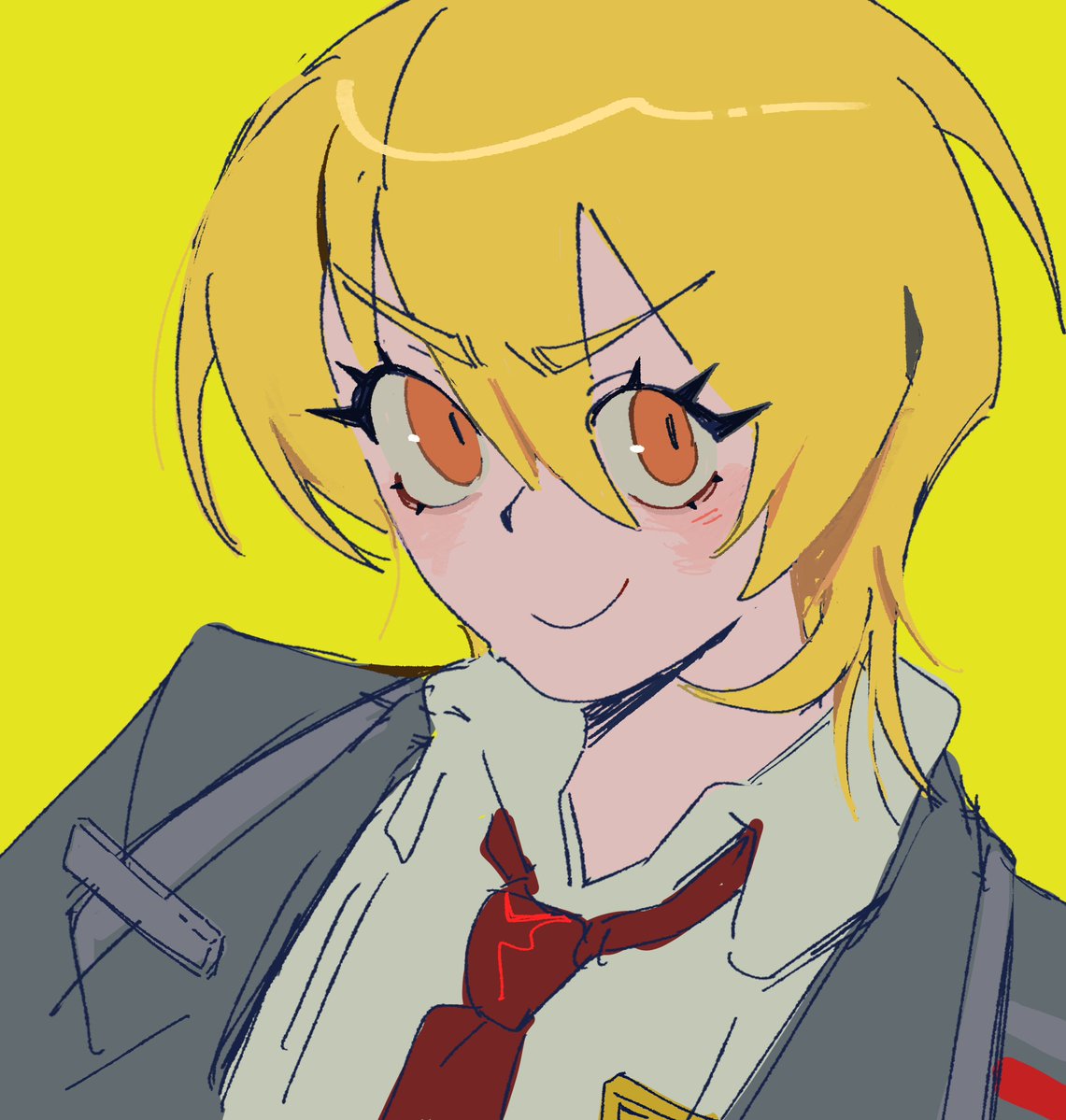 >:), 1girl, black_coat, black_vest, blonde_hair, closed_mouth, coat, collared_shirt