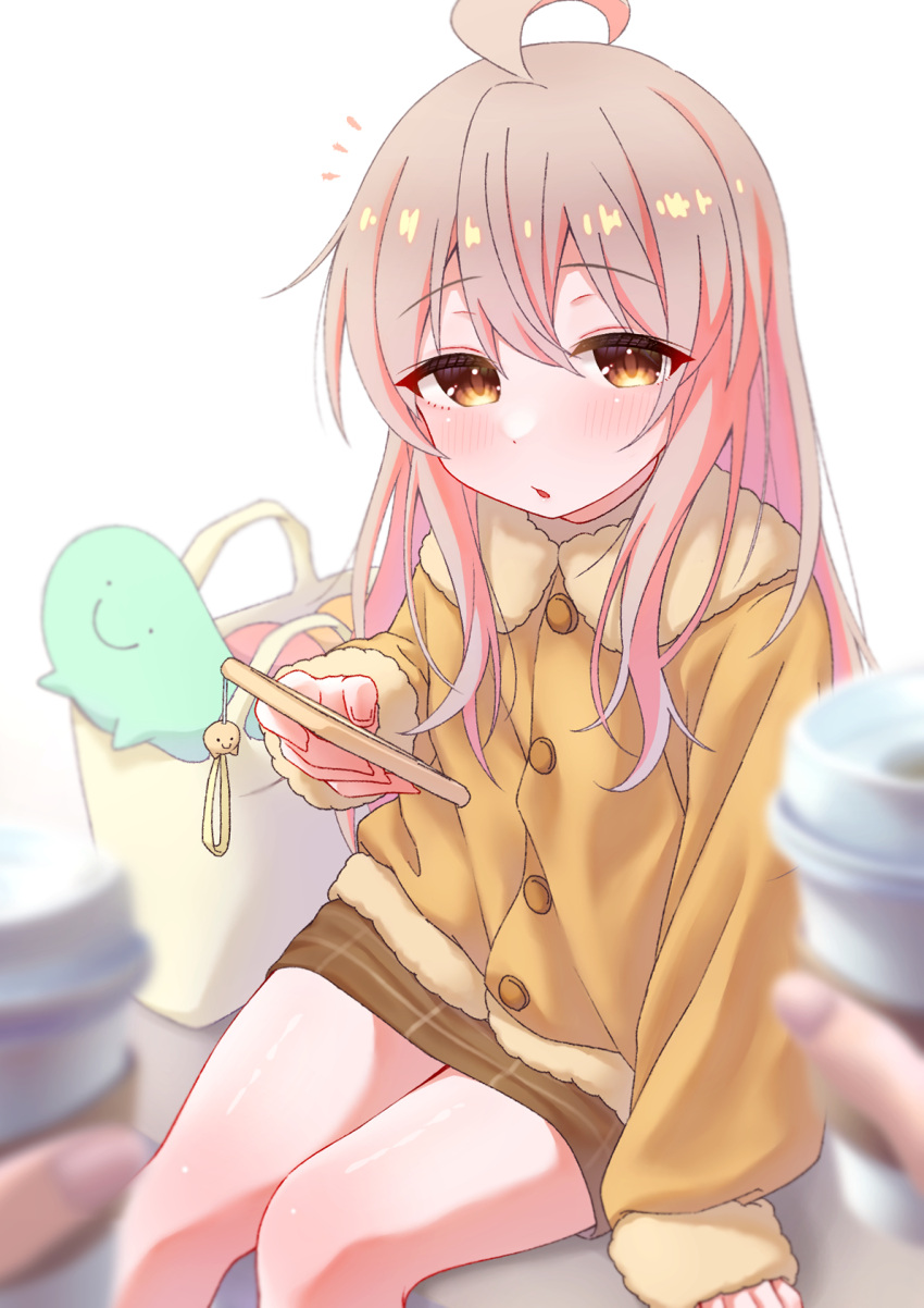 2girls, ahoge, bag, bare_legs, blurry, blurry_foreground, brown_eyes, cellphone