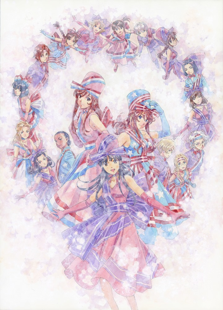 1other, 6+girls, american_flag, american_flag_print, androgynous, armband, arms_behind_back, back_bow, bare_shoulders, black_eyes, black_hair, blonde_hair, blue_eyes, blunt_bangs, blunt_ends, bow, bowtie, braid, braided_ponytail, breasts, brown_hair, child, choker, clenched_hand, closed_mouth, coattails, collarbone, collared_shirt, collared_suit, coquelicot_(sakura_taisen), curtained_hair, dark-skinned_female, dark_skin, diagonal-striped_bow, diagonal-striped_sash, diana_caprice, dress, elbow_gloves, erica_fontaine, everyone, feet_out_of_frame, flag_print, flipped_hair, french_flag_headband, french_flag_print, french_flag_sash, gemini_sunrise, glass, gloves, glycine_bleumer, green_eyes, grey_eyes, grey_hair, group_picture, hair_between_eyes, hair_bow, hair_bun, hair_down, hair_intakes, hair_over_breasts, hair_over_one_breast, hair_tie, half_updo, hand_on_headwear, hand_on_own_chest, hand_up, happy, hat, hat_bow, high_ponytail, iris_chateaubriand, jimiko, kanzaki_sumire, kirishima_kanna, kitaooji_hanabi, kujou_subaru, leni_milchstrasse, light_blue_collar, light_blue_dress, light_blue_gloves, light_blue_sleeves, light_blue_suit, light_brown_hair, lobelia_carlini, long_hair, long_sidelocks, long_sleeves, looking_at_viewer, looking_to_the_side, low-tied_long_hair, low_ponytail, maria_tachibana, matsubara_hidenori, mature_female, medium_breasts, messy_hair, mole, mole_under_eye, multiple_girls, narrowed_eyes, noko_(sakura_taisen), official_art, open_mouth, outstretched_arms, outstretched_hand, own_hands_together, pant_suit, pants, parted_bangs, parted_lips, pink_dress, pink_gloves, purple_choker, purple_dress, purple_footwear, purple_gloves, purple_hair, purple_hat, purple_ribbon, purple_sash, purple_sleeves, purple_suit, red_armband, red_bow, red_bowtie, red_choker, red_stripes, redhead, ri_kouran, ribbon, rikaritta_aries, rimless_eyewear, sagitta_weinberg, sakura_taisen, sakura_taisen_ii, sakura_taisen_iii, sakura_taisen_v, sash, sega, shinguuji_sakura, shirt, short_hair, short_twintails, simple_background, single_braid, sleeveless, smile, soletta_orihime, star_print_hat, star_print_suit, straight_hair, striped_armband, striped_clothes, striped_dress, striped_headwear, striped_sash, suit, tareme, third-party_source, traditional_media, twin_braids, twintails, very_short_hair, violet_eyes, wavy_sidelocks, white_hair, white_shirt, white_stripes, wispy_bangs