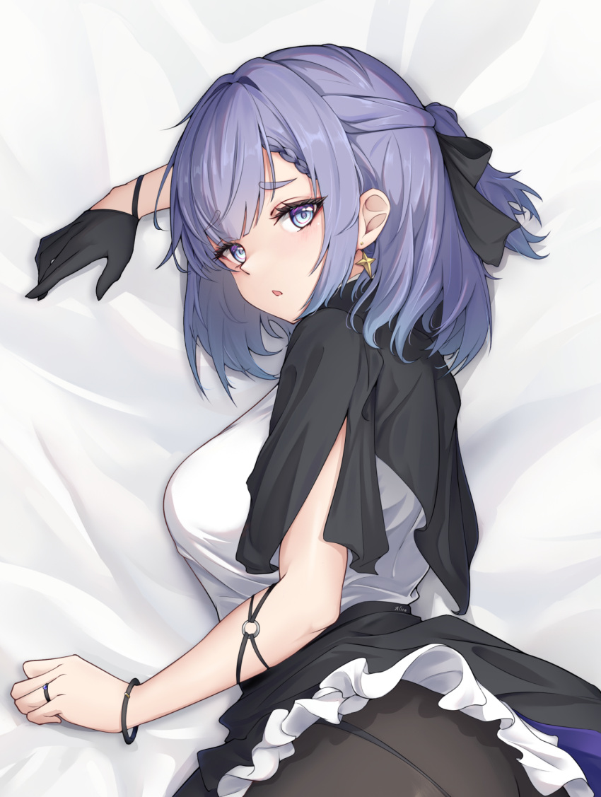 1girl, alisa:_echo_(punishing:_gray_raven), black_gloves, black_pantyhose, black_skirt, blue_eyes, bracelet, braid
