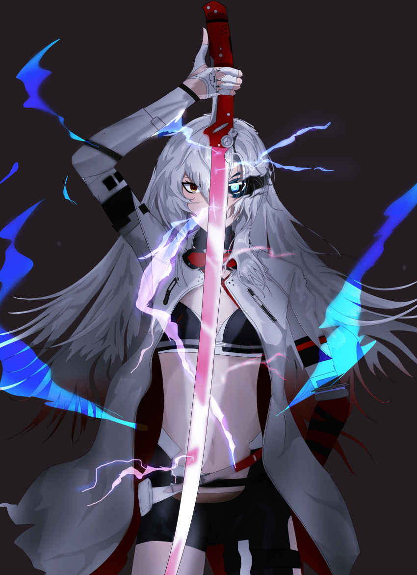 1girl, absurdres, alpha_(punishing:_gray_raven), black_bra, black_fire, black_pantyhose, black_sclera, blue_eyes