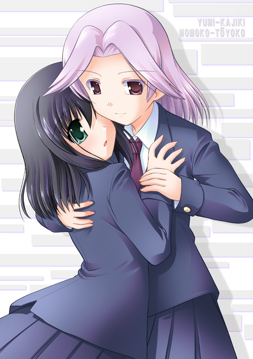 black_hair, brown_eyes, green_eyes, hug, kajiki_yumi, necktie, purple_hair, saki