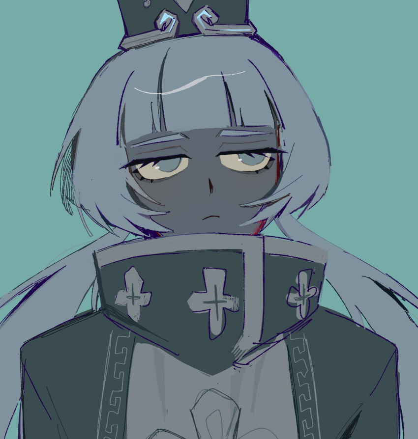 1girl, blue_background, charon_(project_moon), closed_mouth, colored_skin, dress, grey_dress, grey_eyes, grey_hair, grey_hat, grey_skin, hat, highres, limbus_company, long_hair, looking_to_the_side, low_twintails, official_art, project_moon, shako_cap, sidelocks, simple_background, solo, twintails, vellmori, very_long_hair
