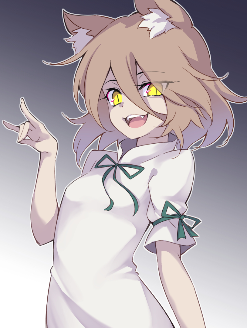 1girl, animal_ears, breasts, commentary_request, fangs, food, fox_ears, fox_shadow_puppet