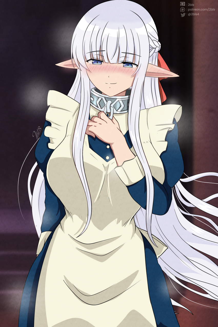 1girl, 2bls, absurdres, apron, arm_behind_back, blue_dress, blue_eyes, blush