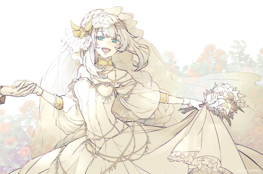 1girl, bare_shoulders, blue_eyes, bouquet, breasts, dress, fate/grand_order, fate_(series)