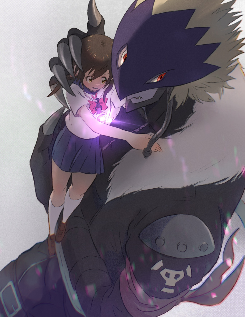 1boy, 1girl, ai_(digimon_tamers), bandana, bandana_around_arm, beelzebumon, black_jacket, blonde_hair