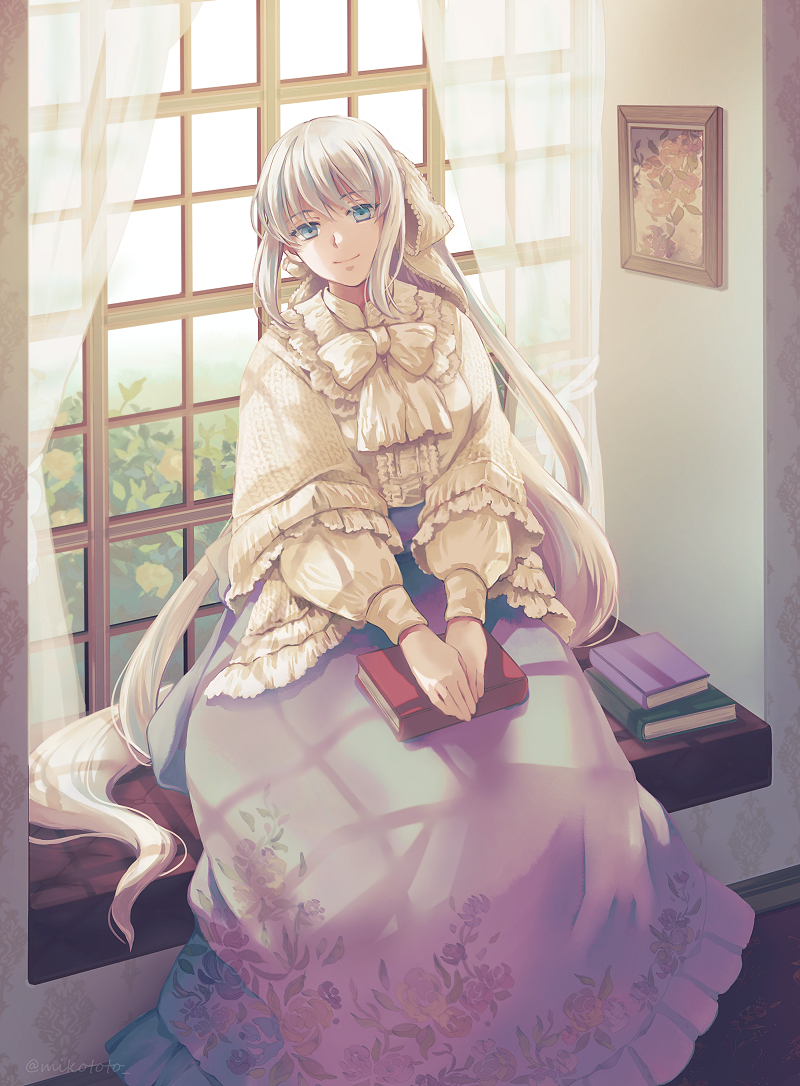 1girl, blue_eyes, blue_skirt, book, bow, collared_dress, dress, fate/grand_order