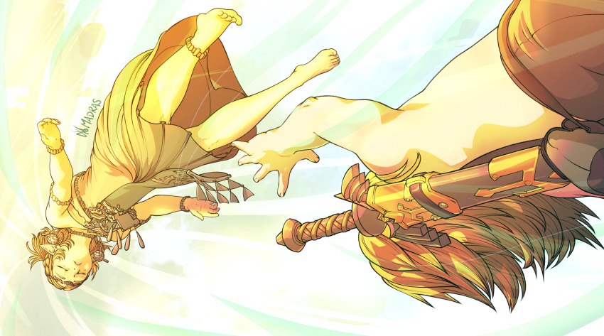 1boy, 1girl, absurdres, anklet, armlet, blonde_hair, bracelet, brown_hair, closed_eyes, dress, earrings, falling, highres, jewelry, madras_(anothermadras), master_sword, pointy_ears, princess_zelda, reaching, short_hair, strapless, strapless_dress, the_legend_of_zelda, the_legend_of_zelda:_tears_of_the_kingdom, topless_male, unconscious, white_dress