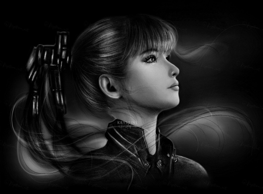 1girl, collared_jacket, english_commentary, eve_(stellar_blade), jacket, krystine_art, lips, long_hair