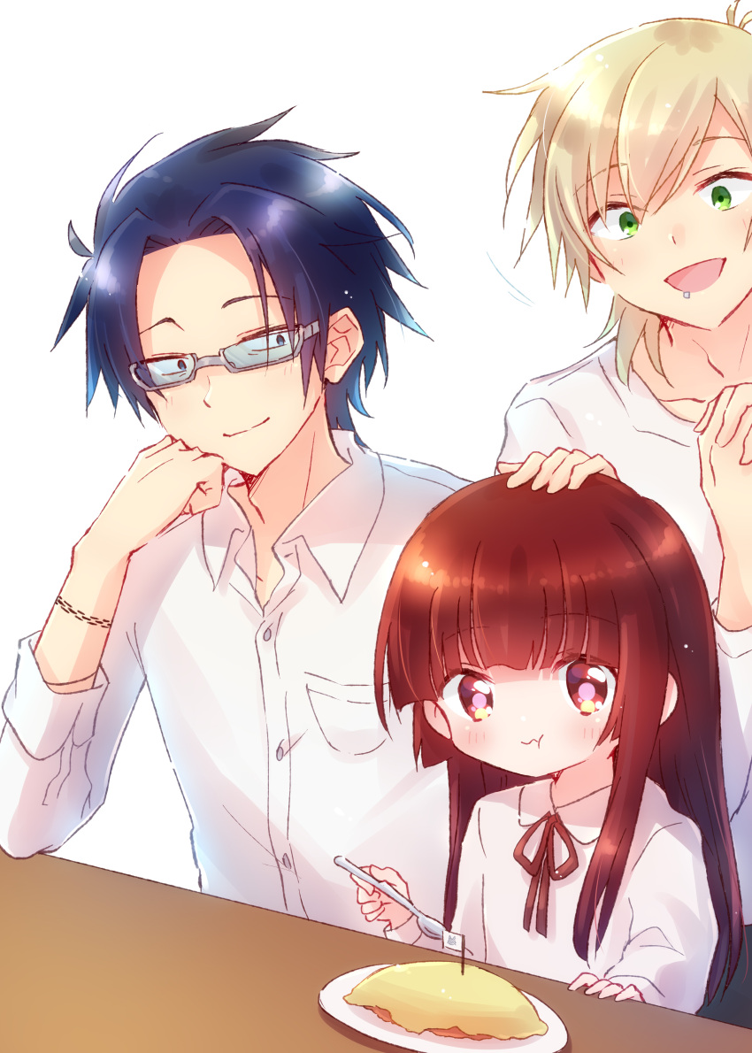 1girl, 2boys, :d, absurdres, blonde_hair, blue_eyes, blush, eating