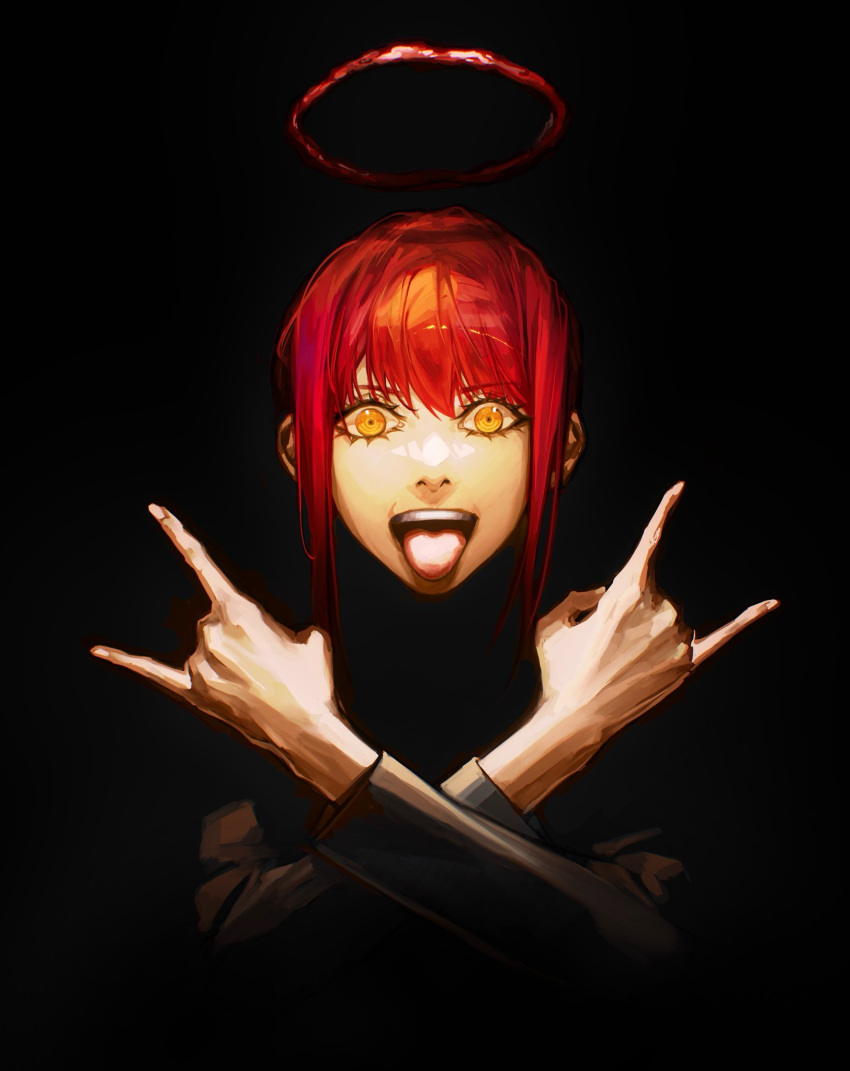 1girl, black_background, blood, blood_halo, chainsaw_man, deka_yo, halo, highres