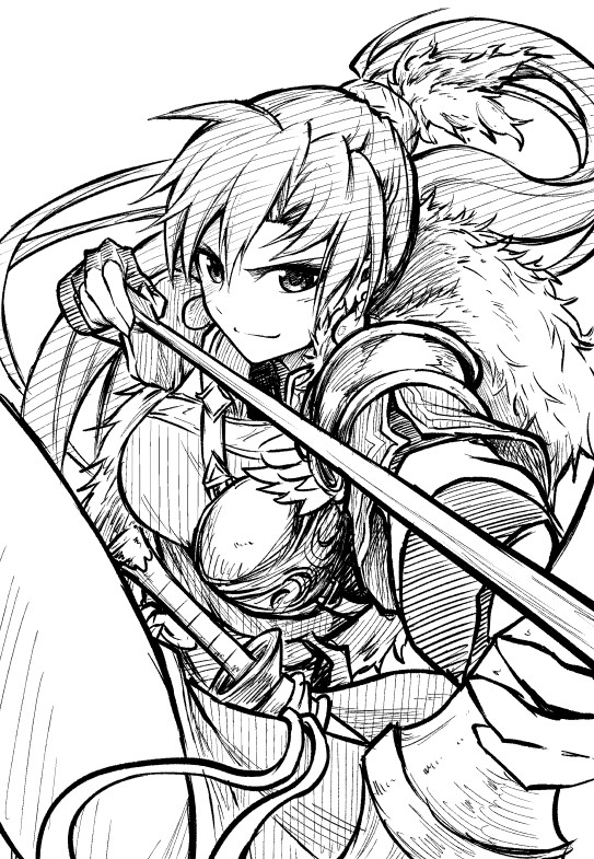 1girl, arrow_(projectile), bow_(weapon), breasts, closed_mouth, earrings, feathers, fingerless_gloves, fire_emblem, fire_emblem:_the_blazing_blade, fire_emblem_heroes, gloves, jewelry, long_hair, looking_at_viewer, lyn_(brave_lady)_(fire_emblem), lyn_(fire_emblem), monochrome, official_alternate_costume, ponytail, simple_background, solo, sword, ten_(tenchan_man), upper_body, weapon, white_background