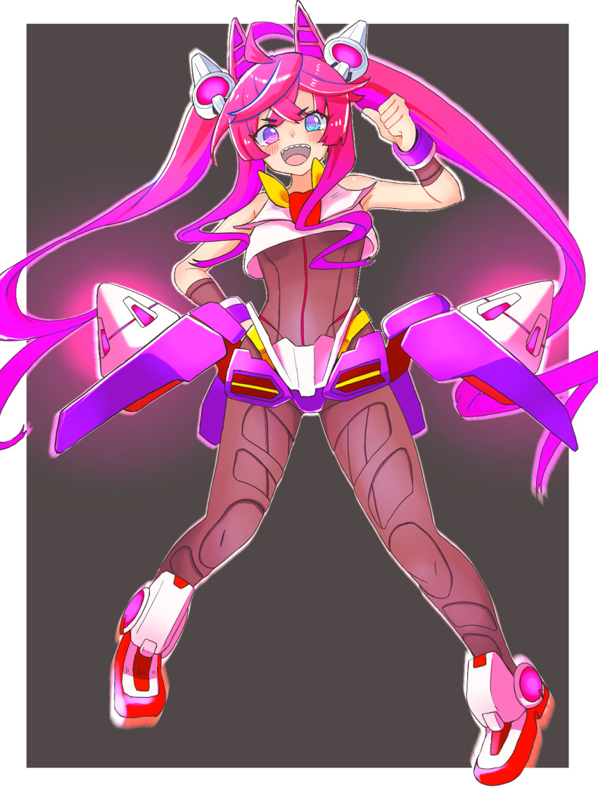 00_gundam, 00_gundam_(cosplay), 1girl, ahoge, alternate_color, alternate_costume, alternate_hair_color, animal_ears, aqua_hair, black_background, blue_eyes, bodysuit, boots, commentary, cosplay, crossed_bangs, echieichi, glowing, grey_bodysuit, gundam, gundam_00, hand_on_own_hip, headgear, heterochromia, highres, horse_ears, horse_girl, horse_tail, long_hair, looking_at_viewer, multicolored_hair, open_mouth, pink_hair, rigging, sharp_teeth, shirt, sidelocks, simple_background, sleeveless, sleeveless_bodysuit, sleeveless_shirt, smile, solo, standing, tail, teeth, thumbs_up, twin_turbo_(umamusume), twintails, two-tone_hair, umamusume, very_long_hair, violet_eyes, white_footwear, white_shirt, wristband
