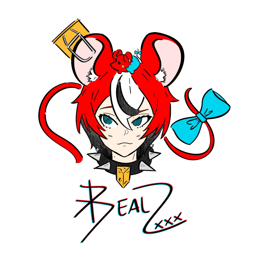 1girl, animal_ears, blue_bow, blue_eyes, bow, cheese, collar, food