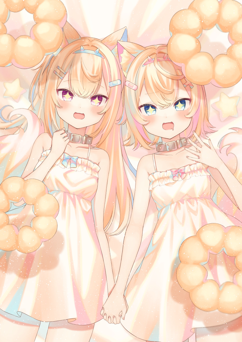 +_+, 2girls, absurdres, animal_ear_fluff, animal_ears, bandaid, bandaid_hair_ornament, black_collar