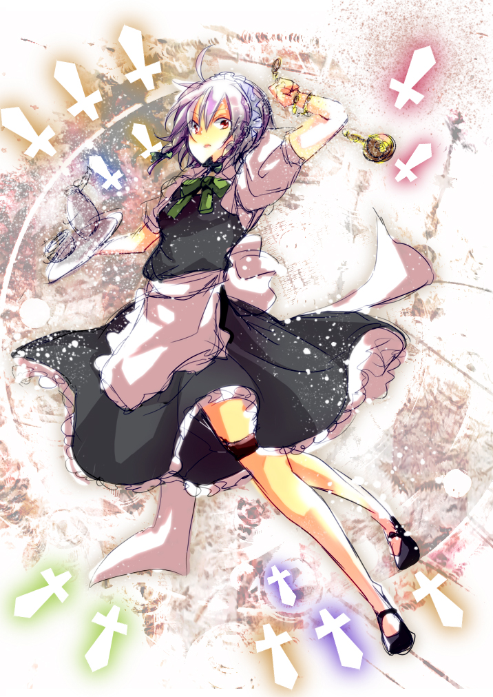 braid, danmaku, izayoi_sakuya, knife, legs, maid, maid_headdress, pocket_watch