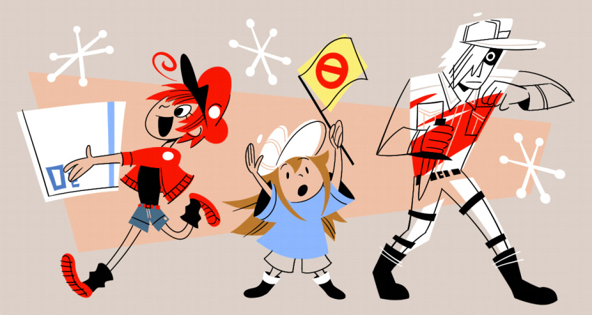 1boy, 2girls, :o, ae-3803, ahoge, arms_up, bad_id, bad_tumblr_id