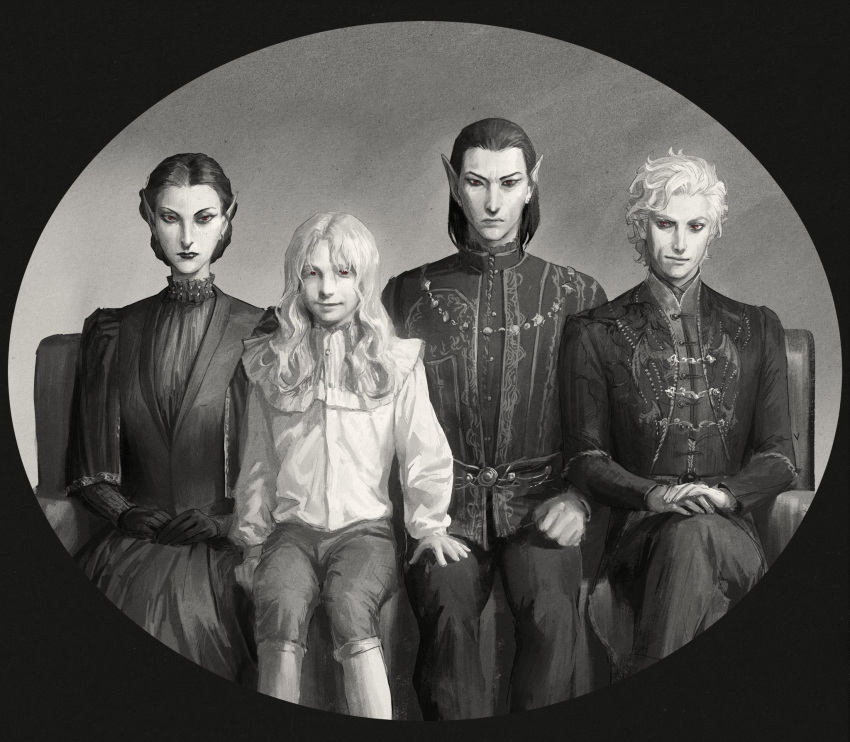 1girl, 3boys, amanita_szarr, astarion, baldur's_gate, baldur's_gate_3, black_border, boots, border, capelet, cazador_szarr, child, collared_jacket, colored_eyelashes, couch, crossed_legs, dungeons_&amp;_dragons, earrings, elf, expressionless, family_portrait, feet_out_of_frame, frilled_shirt_collar, frills, gloves, greyscale, hand_on_another's_thigh, hands_on_own_knee, highres, jacket, jewelry, knee_boots, long_sleeves, looking_at_viewer, male_focus, medium_hair, monochrome, multiple_boys, on_couch, own_hands_together, pants, pointy_ears, realistic, red_eyes, round_border, shirt, short_hair, sitting, skirt, smile, smirk, spot_color, straight-on, the_old_crane, vampire, vellioth, wavy_hair
