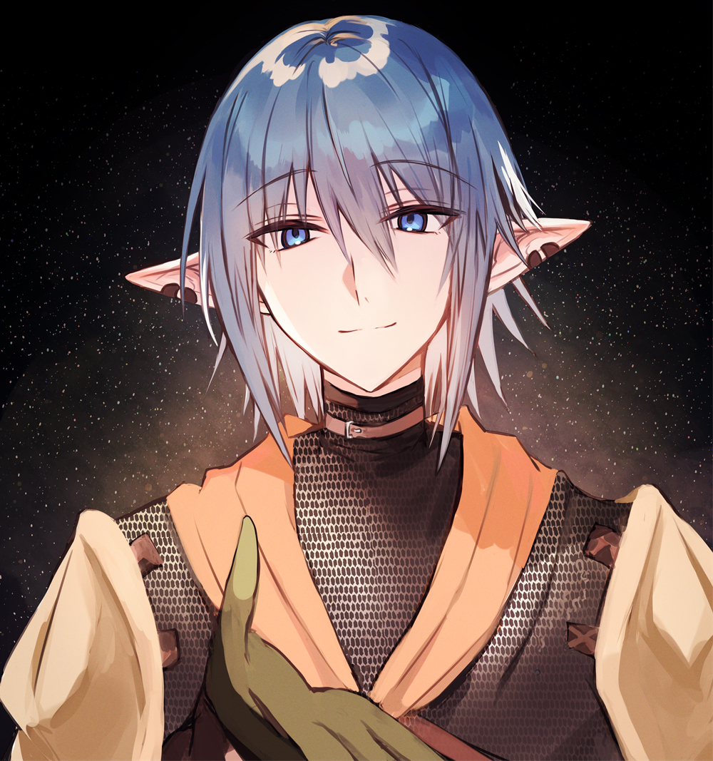 1boy, armor, blue_eyes, blue_hair, chainmail, closed_mouth, ear_piercing, final_fantasy