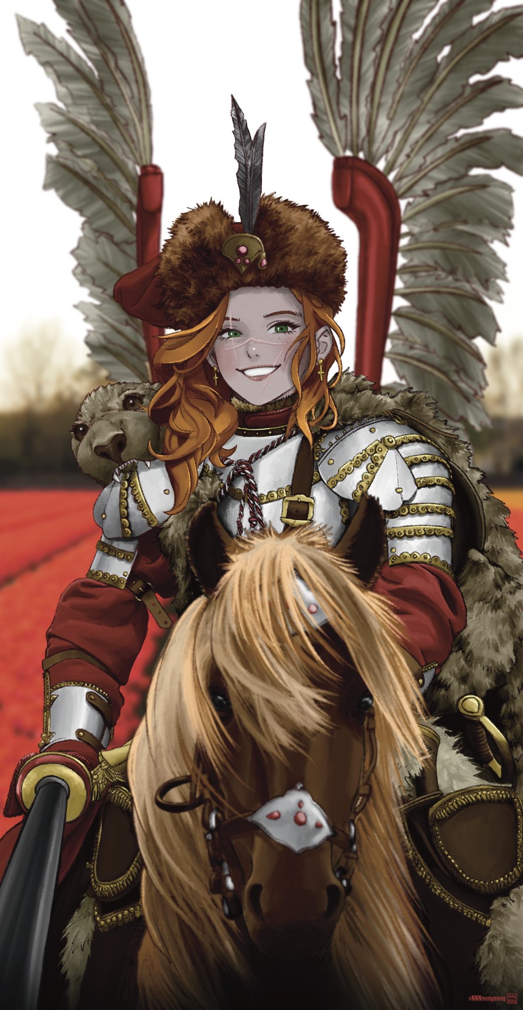 1girl, armor, cape, cross, cross_earrings, earrings, field, flower