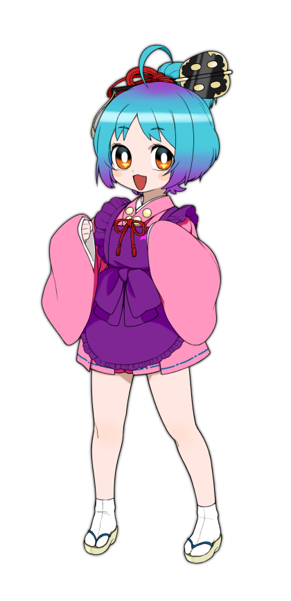 1girl, :3, ahoge, apron, blue_hair, blush, bright_pupils, commentary_request, fan_hair_ornament, gradient_hair, gunbai, high_ponytail, japanese_clothes, kimono, looking_at_viewer, multicolored_hair, okunin, ooedo_chanko, open_mouth, orange_eyes, pink_kimono, purple_apron, purple_hair, sandals, short_kimono, short_ponytail, simple_background, sleeves_past_wrists, smile, socks, solo, standing, tabi, tachi-e, utau, war_fan, white_background, white_pupils, white_socks, wide_sleeves, zouri