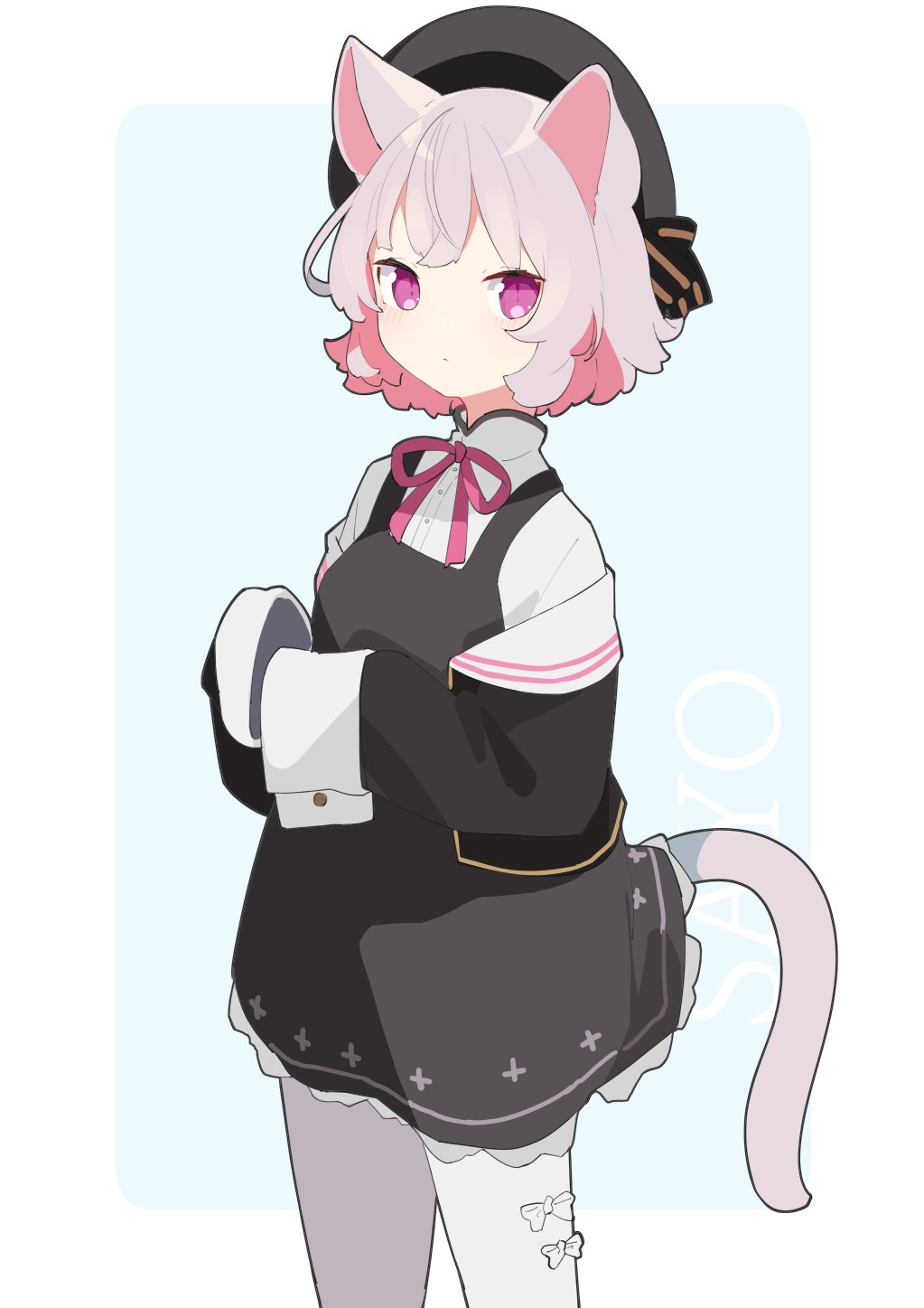1girl, animal_ears, beret, black_dress, black_hat, cat_ears, cat_girl, cat_tail