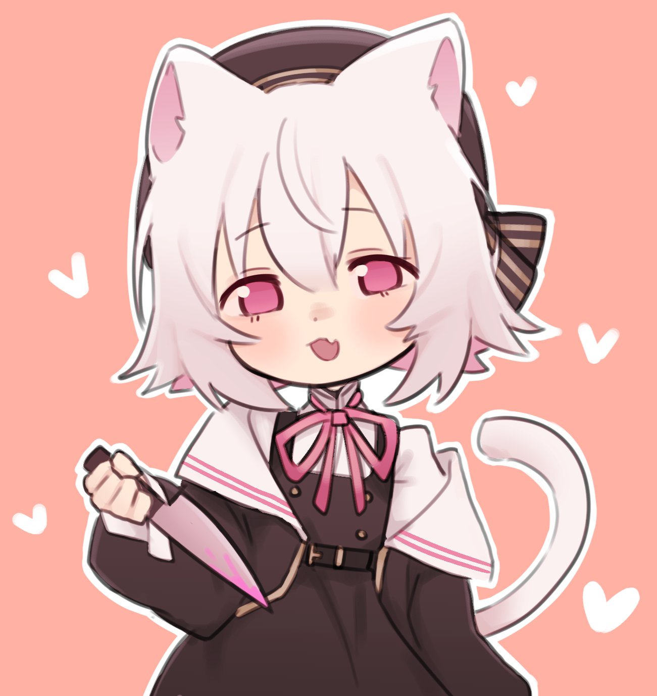 1girl, :3, animal_ears, arm_at_side, belt, beret, black_belt, black_dress, black_hat, black_jacket, blood, blood_on_knife, blush, cat_ears, cat_girl, cat_tail, commentary, cowboy_shot, dress, english_commentary, fang, grey_hair, hand_up, hat, head_tilt, heart, highres, holding, holding_knife, jacket, k315h1, knife, long_sleeves, looking_at_viewer, neck_ribbon, no_pupils, off_shoulder, open_clothes, open_jacket, open_mouth, outline, pinafore_dress, pink_background, pink_blood, pink_ribbon, reverse_grip, ribbon, sayo_(voicevox), shirt, simple_background, skin_fang, sleeve_cuffs, sleeveless, sleeveless_dress, smile, solo, standing, tail, tail_raised, voicevox, white_outline, white_shirt