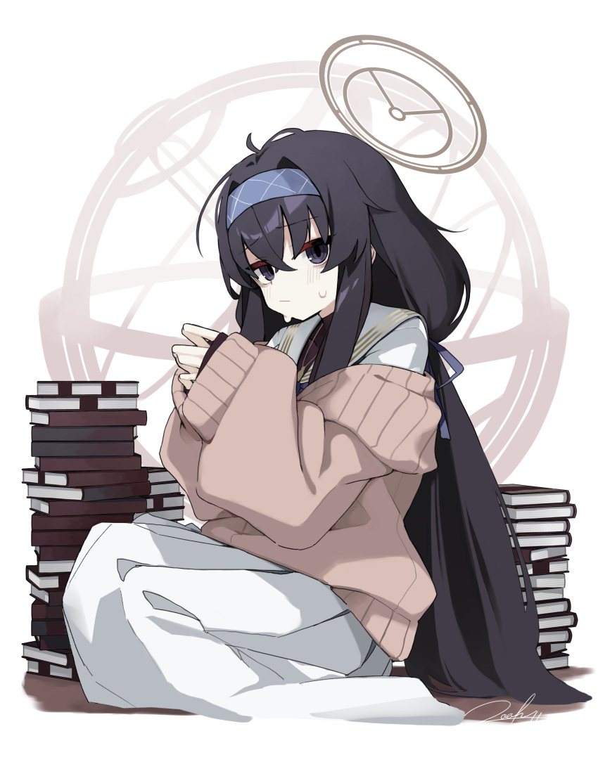1girl, absurdres, black_hair, blue_archive, book, book_stack, brown_cardigan, brown_halo, cardigan, closed_mouth, hairband, halo, highres, loah_66, long_hair, long_sleeves, looking_at_viewer, low_twintails, puffy_long_sleeves, puffy_sleeves, purple_hairband, sailor_collar, shirt, signature, simple_background, sitting, skirt, sleeves_past_wrists, solo, sweat, too_many, too_many_books, twintails, ui_(blue_archive), very_long_hair, violet_eyes, white_background, white_sailor_collar, white_shirt, white_skirt