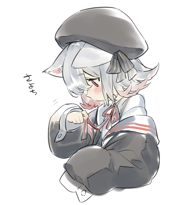 1girl, animal_ears, beret, black_hat, black_jacket, blush, cat_ears, closed_mouth