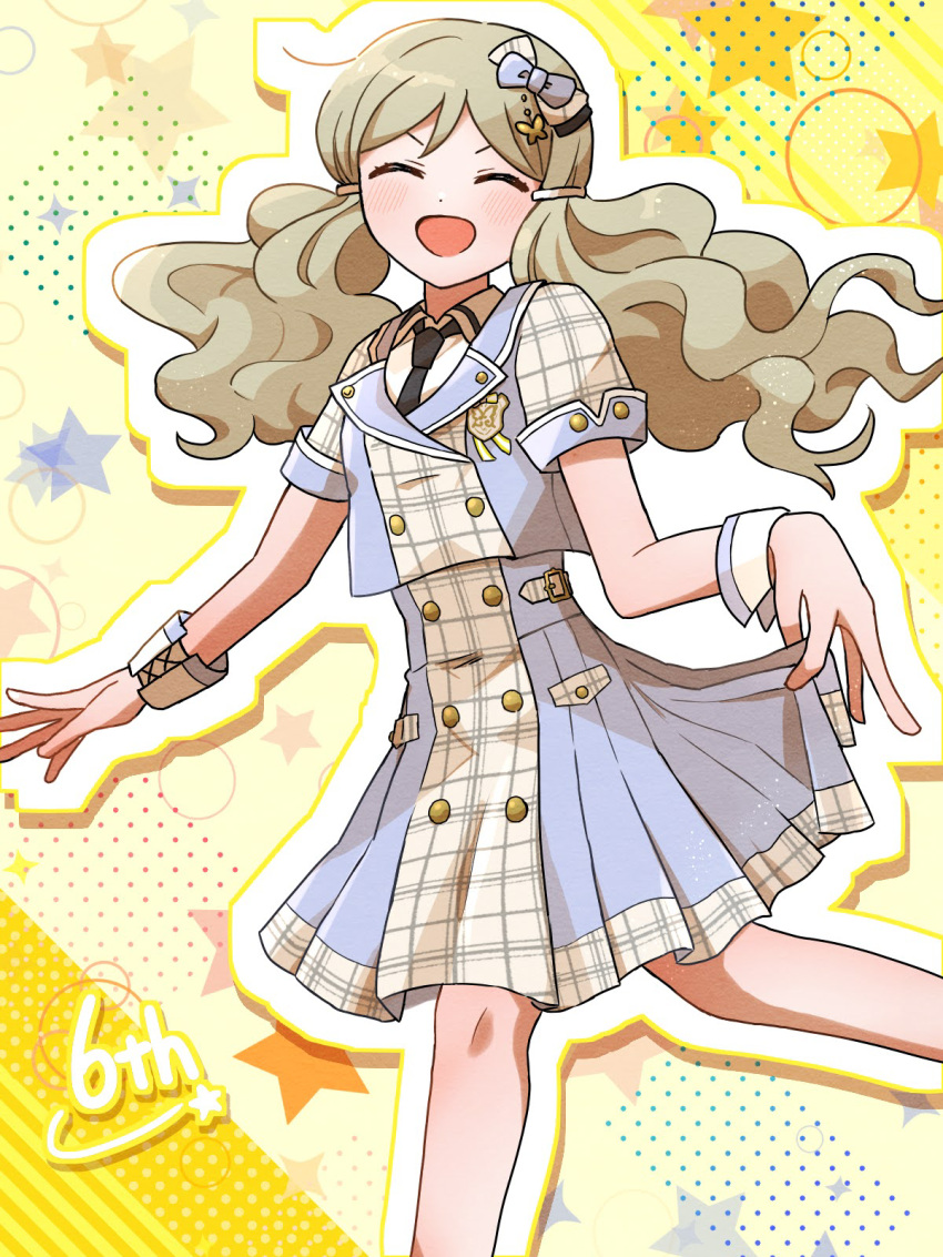 1girl, blue_dress, blush, buttons, closed_eyes, clothes_lift, cowboy_shot, dot_nose, double-breasted, dress, fluffy_hair, hair_ribbon, hair_tie, handa_roco, highres, idolmaster, idolmaster_million_live!, idolmaster_million_live!_theater_days, light_brown_hair, long_hair, official_alternate_costume, open_mouth, parted_bangs, plaid, plaid_shirt, plaid_skirt, ribbon, shirt, short_sleeves, skirt, skirt_lift, smile, solo, twintails, wavy_hair, wrist_cuffs, yotsubaringo