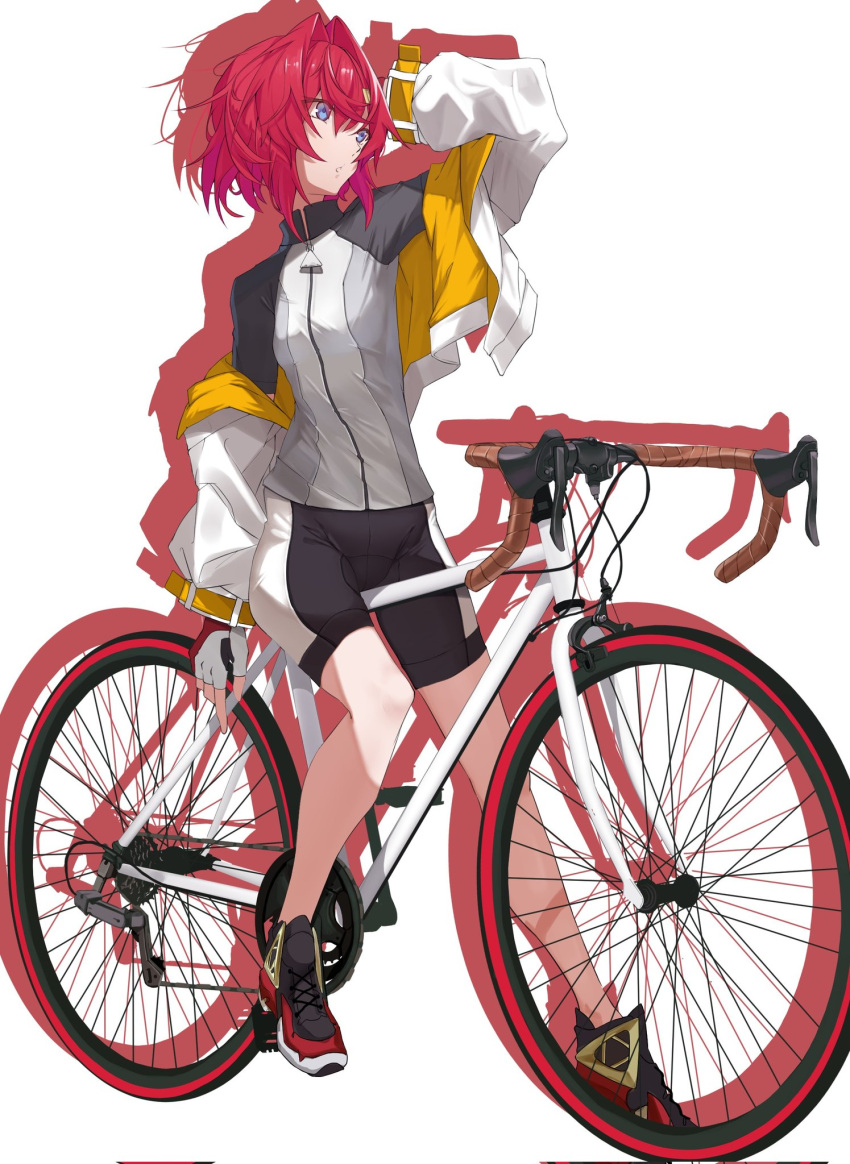 1girl, ange_katrina, arm_up, bike_jersey, bike_shorts, blue_eyes, commentary, crossed_bangs, drop_shadow, fingerless_gloves, gloves, hair_between_eyes, hair_intakes, hand_on_own_head, high_collar, highres, ikvugzu5zu51627, jacket, looking_afar, nijisanji, off_shoulder, redhead, road_bicycle, short_hair, solo, triangle_hair_ornament, virtual_youtuber, white_background, white_jacket