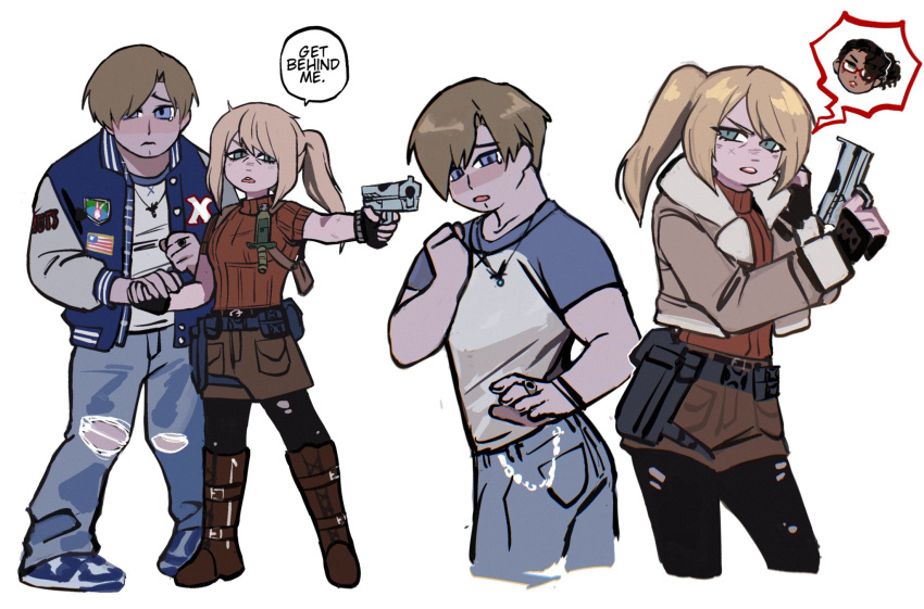 1boy, 1girl, american_flag, ashley_graham, belt, belt_chain, blonde_hair, boots