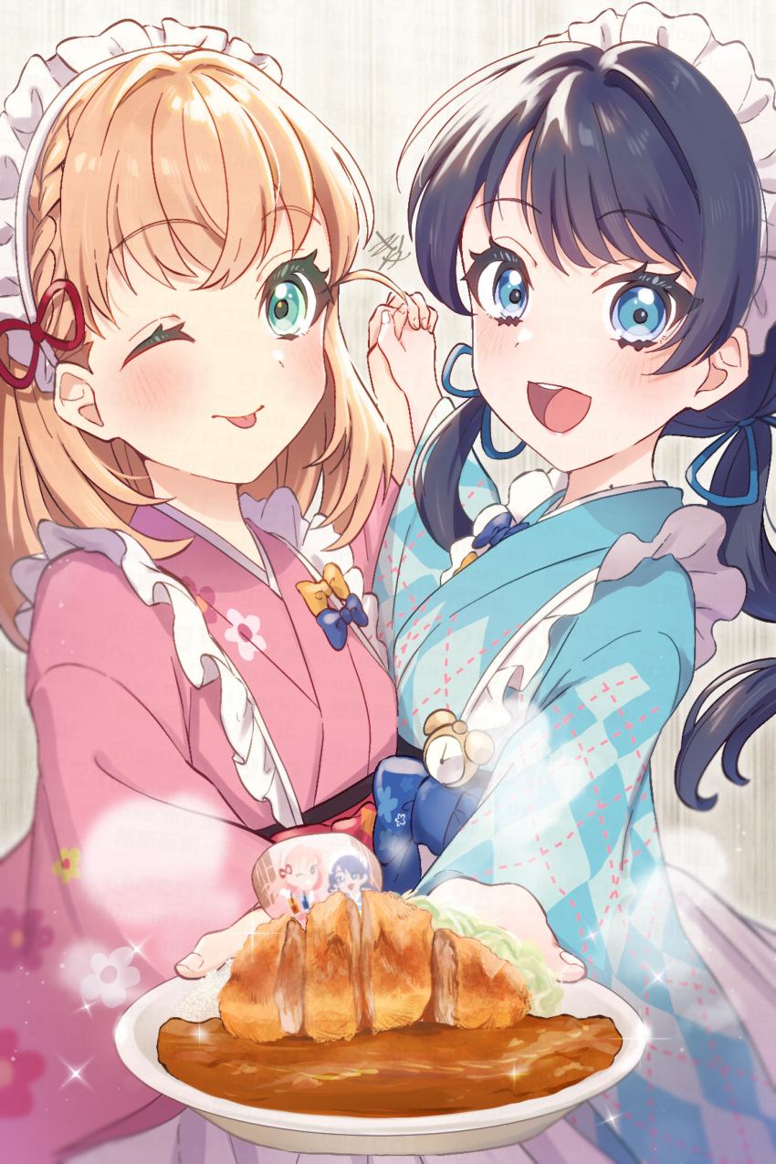 2girls, :d, ;p, absurdres, alarm_clock, apron, aqua_eyes, argyle_clothes
