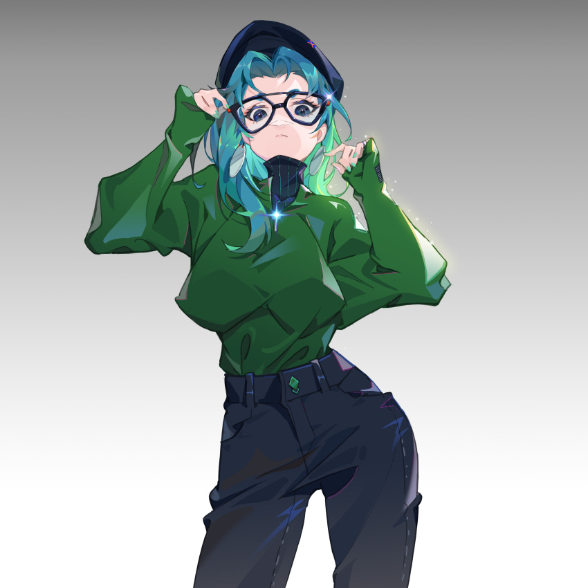 1girl, absurdres, beret, black-framed_eyewear, black_pants, black_shirt, blue_eyes, blue_hair, blue_hat, closed_mouth, cowboy_shot, dangle_earrings, earrings, fingernails, glasses, gradient_background, green_hair, green_jacket, green_nails, grey_background, hands_up, hat, highres, hikimayu, jacket, jewelry, long_hair, looking_at_viewer, m_c1025z, multicolored_hair, original, pants, ring, shirt, sleeves_past_wrists, solo, striped_clothes, striped_shirt, turtleneck, vertical-striped_clothes, vertical-striped_shirt