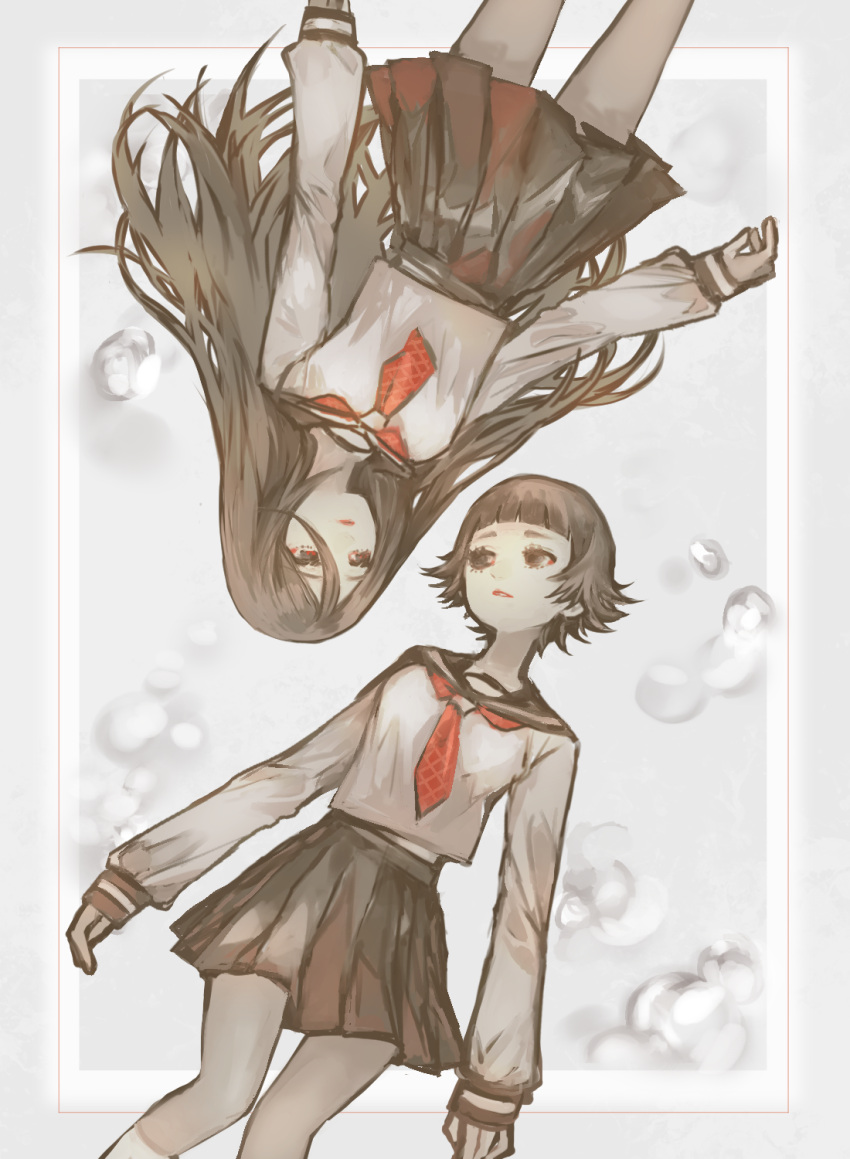 2girls, arms_at_sides, black_eyes, black_hair, black_sailor_collar, black_skirt, blunt_bangs, expressionless