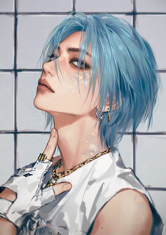 1boy, bare_shoulders, blue_hair, chain, chain_necklace, character_request, closed_mouth, commentary