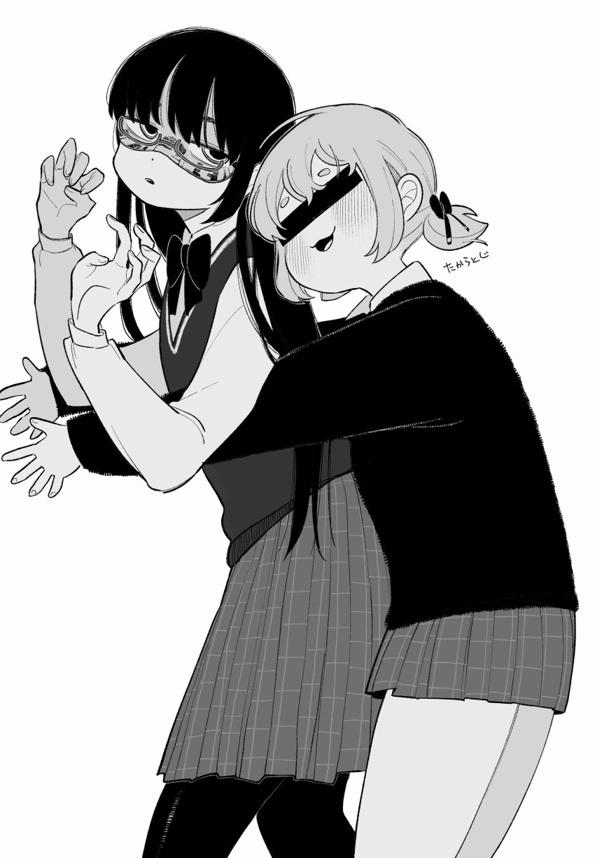 2girls, :3, absurdres, affectionate, aruko_okara, bar_censor, blush, bow