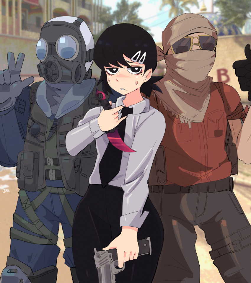 1girl, 2boys, absurdres, bandana, bandana_over_mouth, black_eyes, black_gloves, black_hair