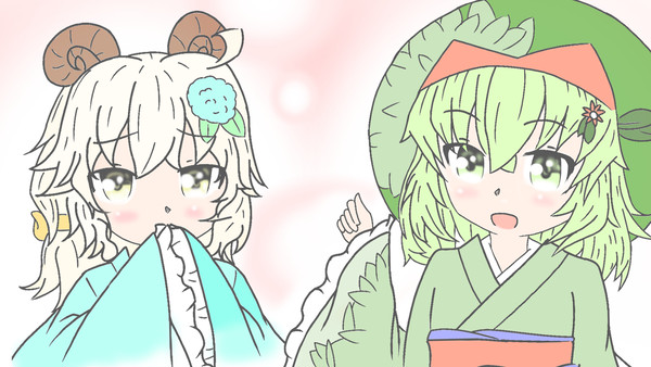 2girls, aqua_kimono, blonde_hair, electricity, green_eyes, green_hair, green_kimono, japanese_clothes