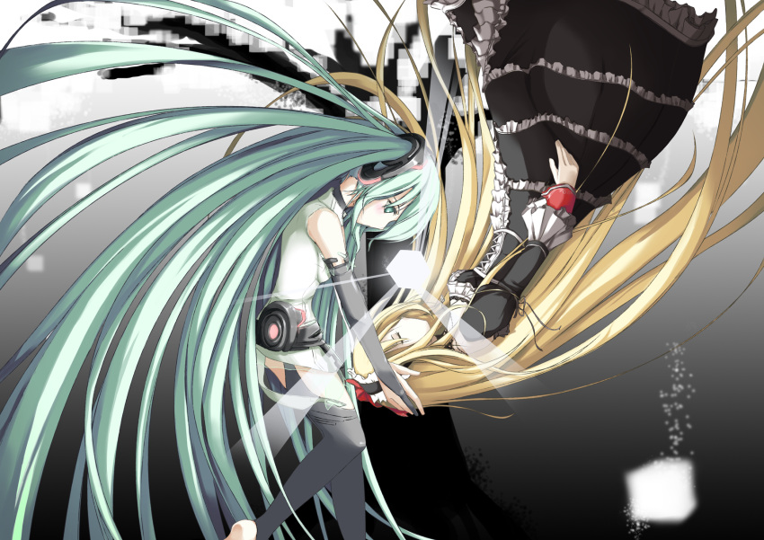 aqua_eyes, aqua_hair, blonde_hair, bridal_gauntlets, closed_eyes, dress, elbow_gloves, fingerless_gloves