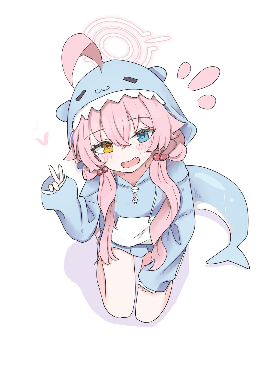1girl, absurdres, ahoge, alternate_costume, animal_costume, animal_hood, blue_archive, blue_eyes, blue_hoodie, blush, bottomless, fang, fins, fish_tail, hair_between_eyes, hair_bobbles, hair_ornament, halo, heterochromia, high_(hgih), highres, hood, hoodie, hoshino_(blue_archive), huge_ahoge, kneeling, long_hair, long_sleeves, looking_at_viewer, low_twintails, open_mouth, pink_hair, pink_halo, shark_costume, shark_hood, shark_tail, simple_background, sleeves_past_wrists, solo, tail, twintails, v, white_background, yellow_eyes