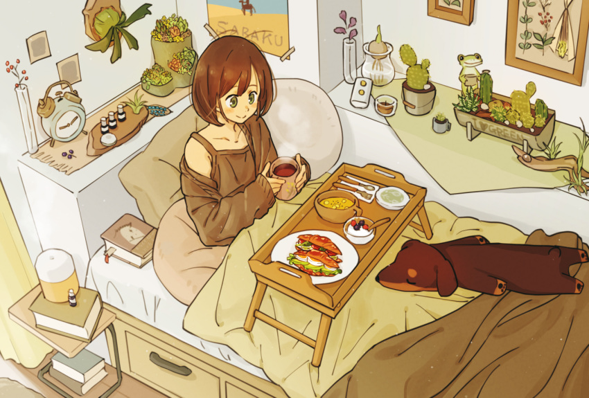1girl, alarm_clock, bed, bed_tray_table, black_camisole, black_cardigan, blanket, blush