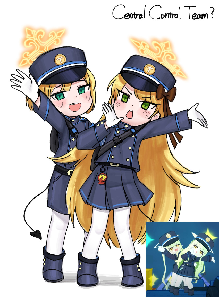 1boy, 3girls, belt, black_footwear, blonde_hair, blue_archive, blue_eyes, blue_hat