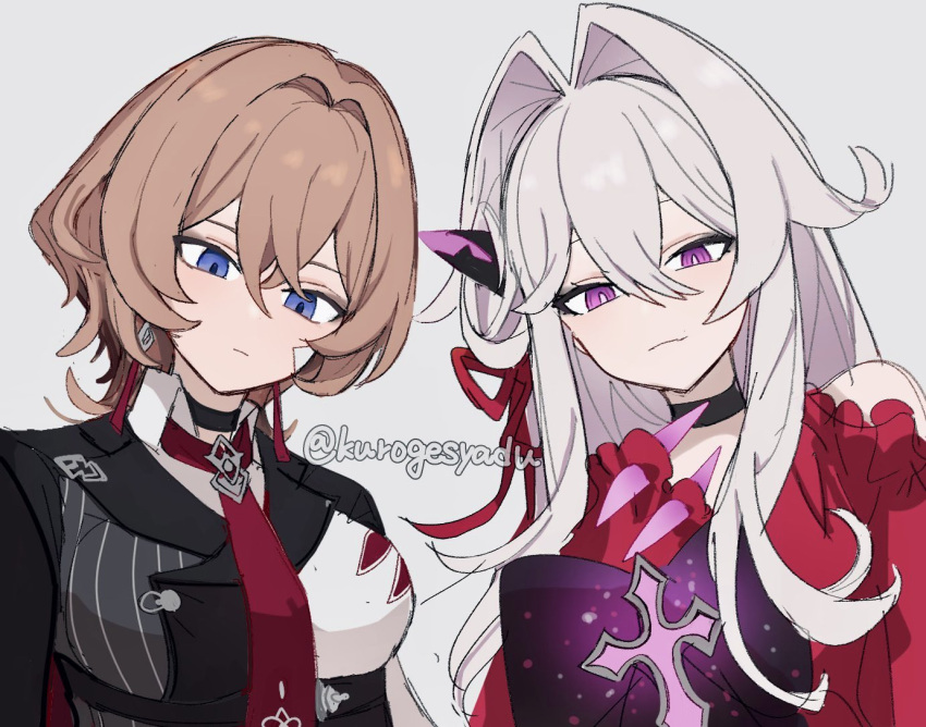 2girls, black_choker, blue_eyes, bow, breasts, brown_hair, character_request, choker