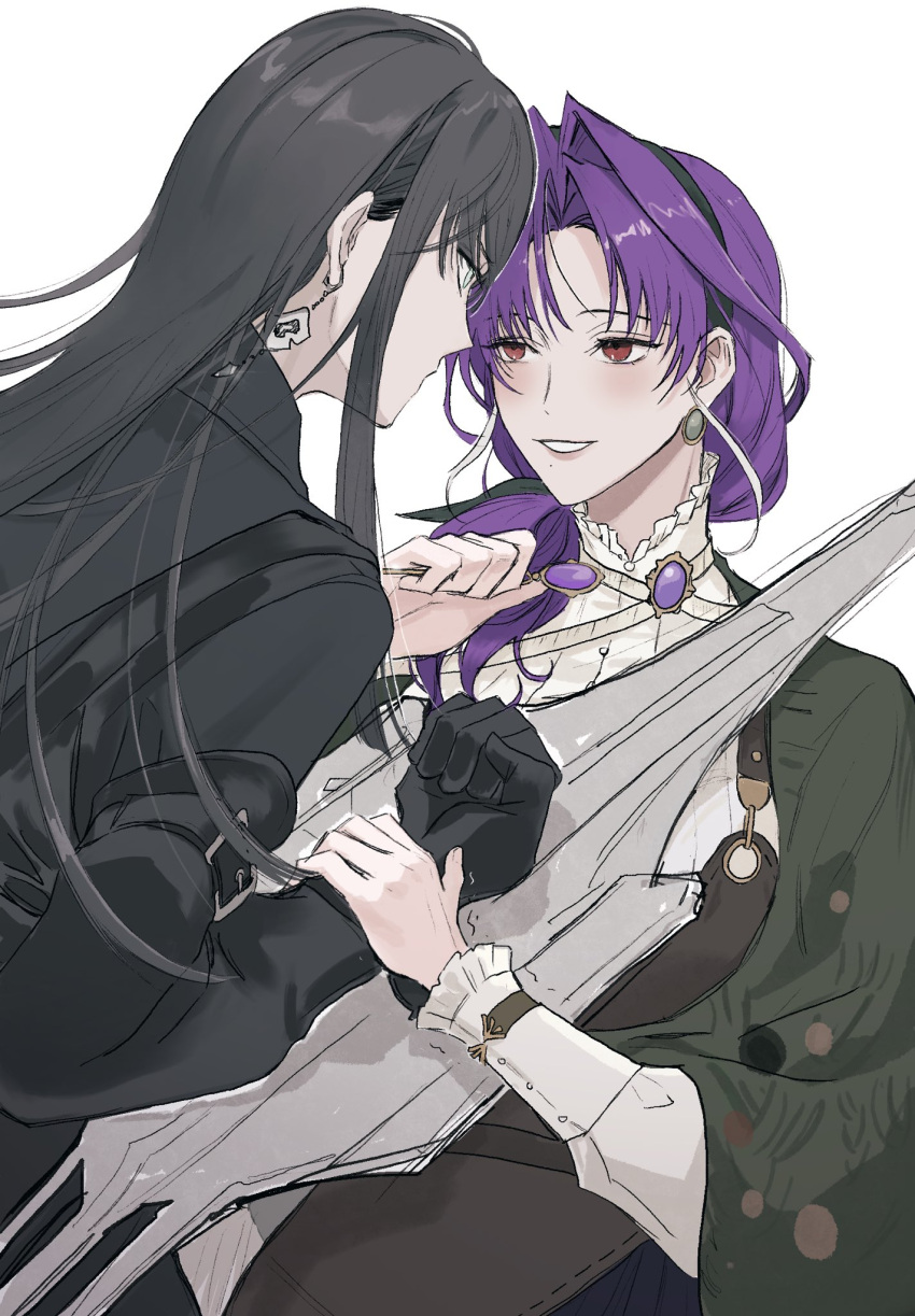 2girls, black_coat, black_gloves, black_hair, blue_eyes, cardigan, closed_mouth, coat