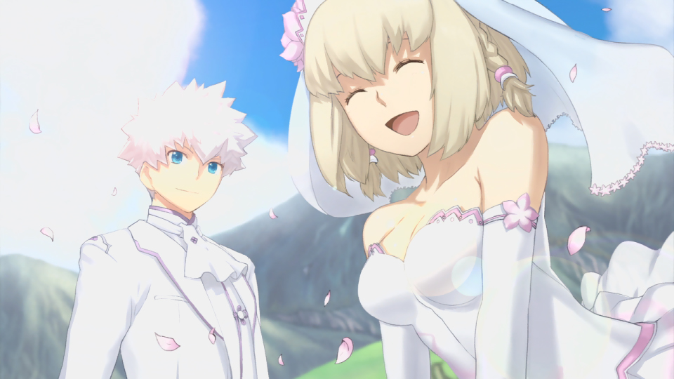 ar_tonelico, ar_tonelico_iii, bare_shoulders, blonde_hair, blue_eyes, braid, breasts, cherry_blossoms