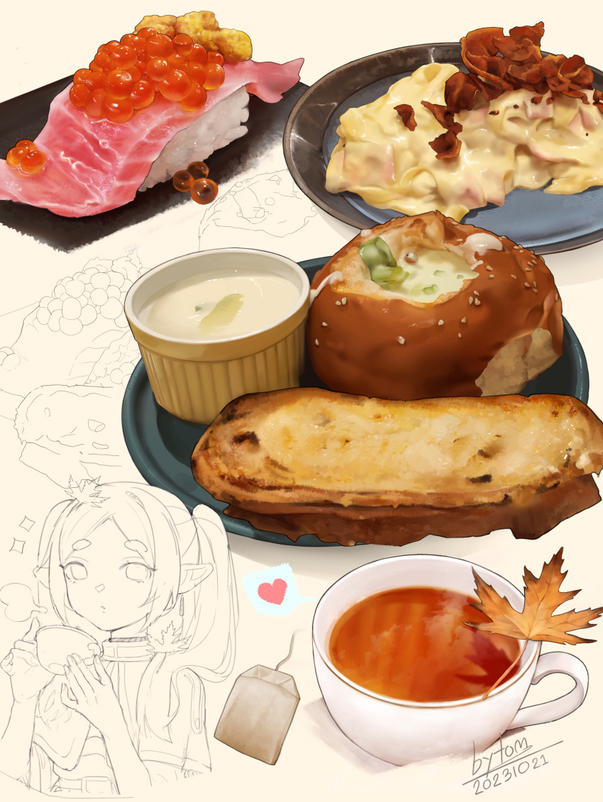 1girl, absurdres, bread, cup, dated, fish_(food), food, food_focus
