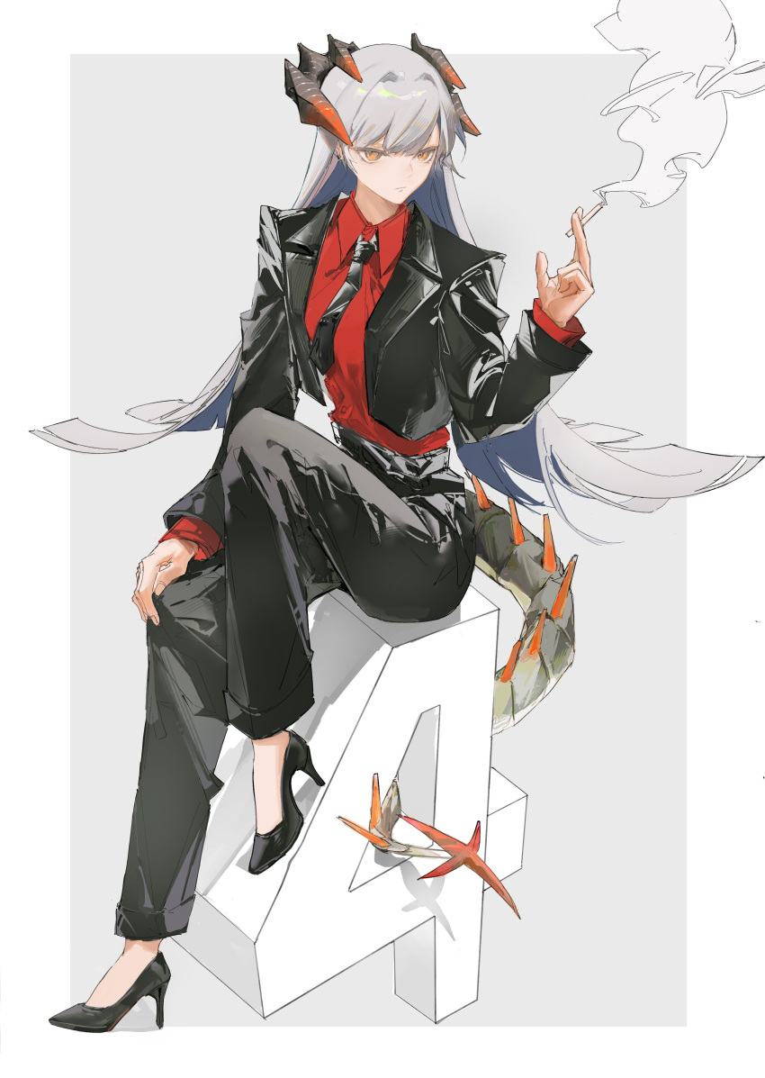 1girl, absurdres, arknights, black_footwear, black_jacket, black_pants, cigarette, closed_mouth, dragon_horns, dragon_tail, full_body, grey_hair, hand_on_own_knee, high_heels, highres, holding, holding_cigarette, horns, jacket, long_hair, long_sleeves, necktie, open_clothes, open_jacket, orange_eyes, pants, red_shirt, saria_(arknights), shirt, sitting, solo, tail, two-tone_background, very_long_hair, z_shuidao